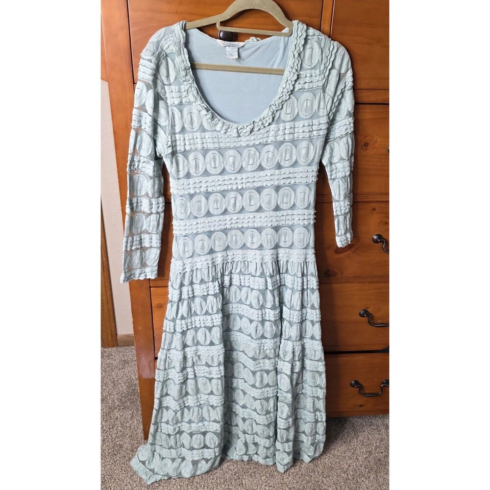 Sundance Lace Dress Size Large Mint Green 3/4 Sleeves Midi Open Back Stretch